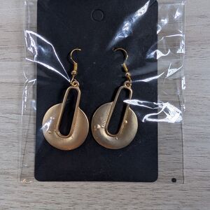 Gold Tone Geometric Dangle Earrings Oval Cutout Disc Modern Style